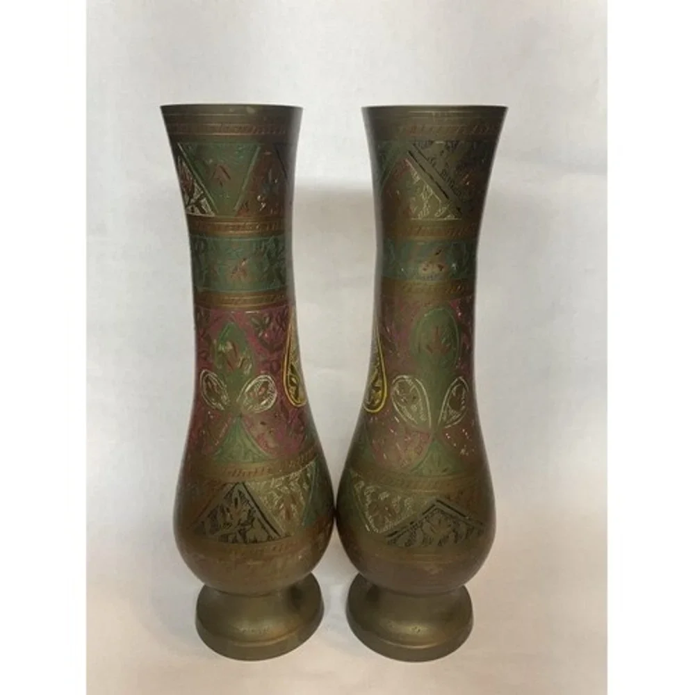 Vintage Set of 2 Brass Hand Etched Multicolored Flower Bud Vases 12